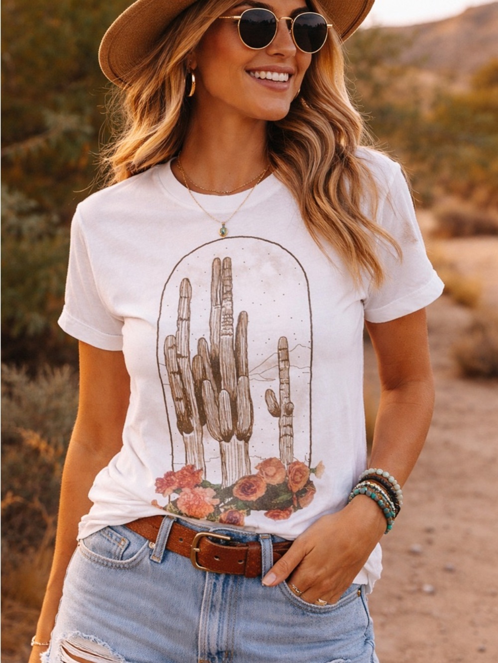 Serengetee Vintage Graphic Tee White Short Sleeve Golden Cactus and Roses